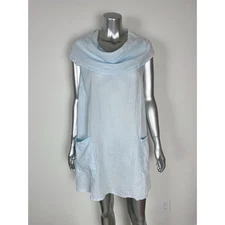 Match Point Dress Women’s Small 100% Linen Sleeveless Blue Cowl Neck Tunic Shift