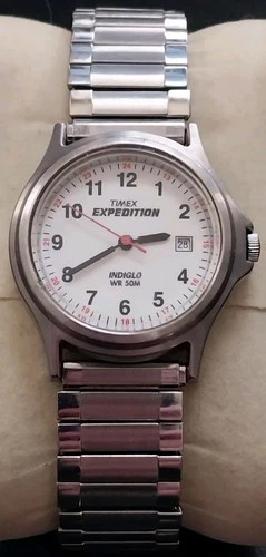 Vintage Timex Expedition Indiglo Date Quartz Watch CR1216 F5 SS Band New Battery