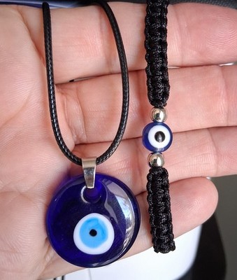 Turkish Blue Evil Eye Round Glass Amulet Necklace & Bracelet Free 