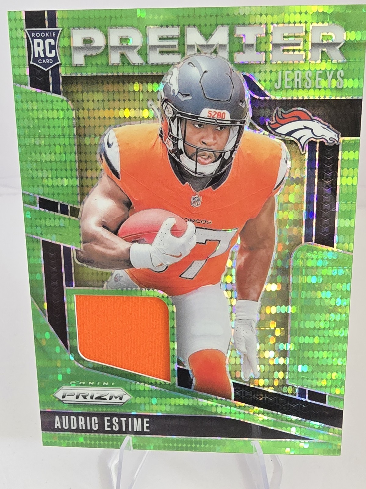 2024 Prizm Audric Estime Premier Jerseys RC Neon Green Pulsar #PJ-AEE Broncos