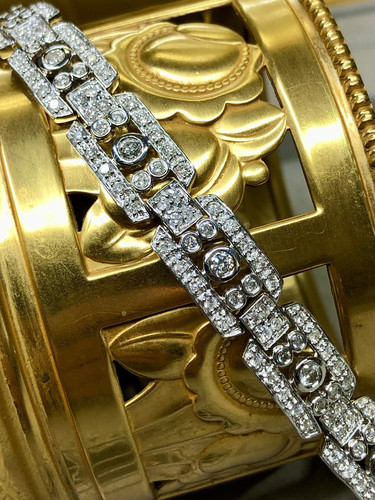 Estate 14K White Gold Deco Bezel Set Diamond Wide Line Cocktail Bracelet 4.60ctw