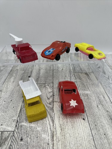 80s Plastic Vehicles Lot Fire Engine Dump Truck Racecar 5 Pieces Vintage