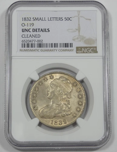 NGC Authentic 1832 Capped Bust/Lettered Edge Small Letters 50c UNC Details O-119
