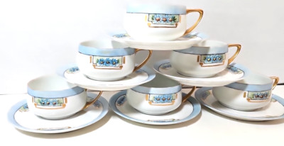 VTG Rosenthal Donatello Cups & Saucers 6 Sets Gold Blue Floral Painted Bavaria
