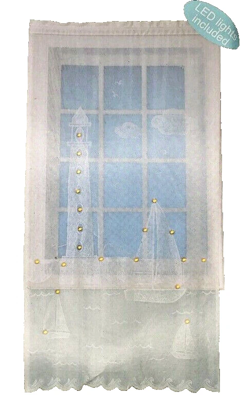 Coastal White Lighted Lace Window Panels Set of 2 Sailboats Lighthouse Nautical - Image 2 of 4