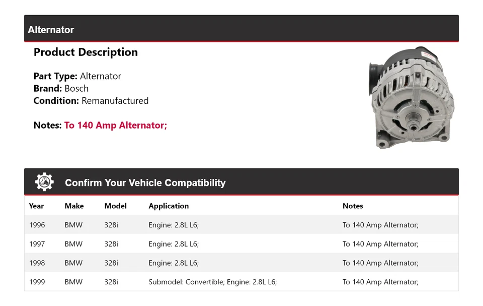 Alternador Bosch para BMW 328i 1996-1999 2,8 L L6 (remanufacturado) 1997 1998 Foto 2 de 4