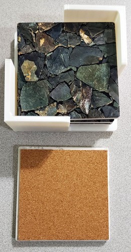 Ceramic Coaster Set S001 of 4 with Cork Pads, Holder & Printed STONE Pattern - Picture 6 of 6