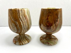 Vintage Banded Marbled Onyx Stone Chalice Cup Wine Glass Goblet Set Of 2