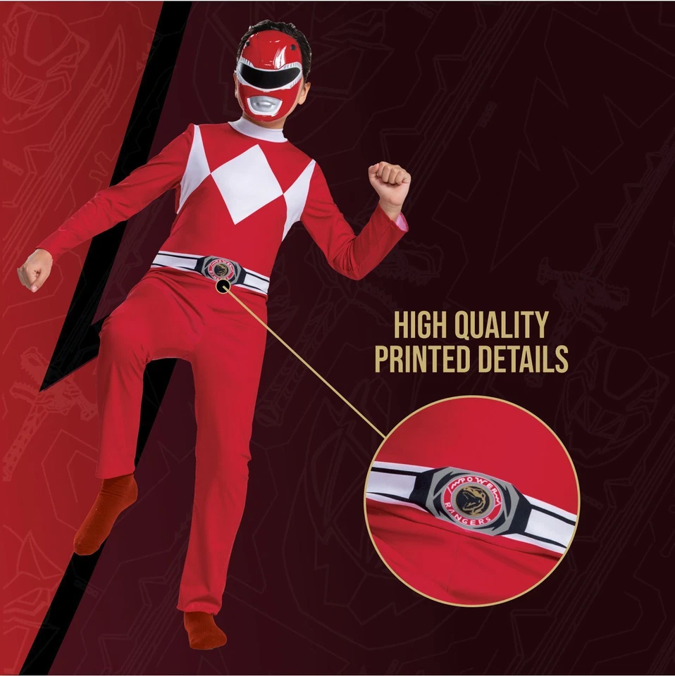 Licenced Kids Red Power Rangers Costume S M Boys Superhero Halloween Fancy Dress - Image 4 of 4