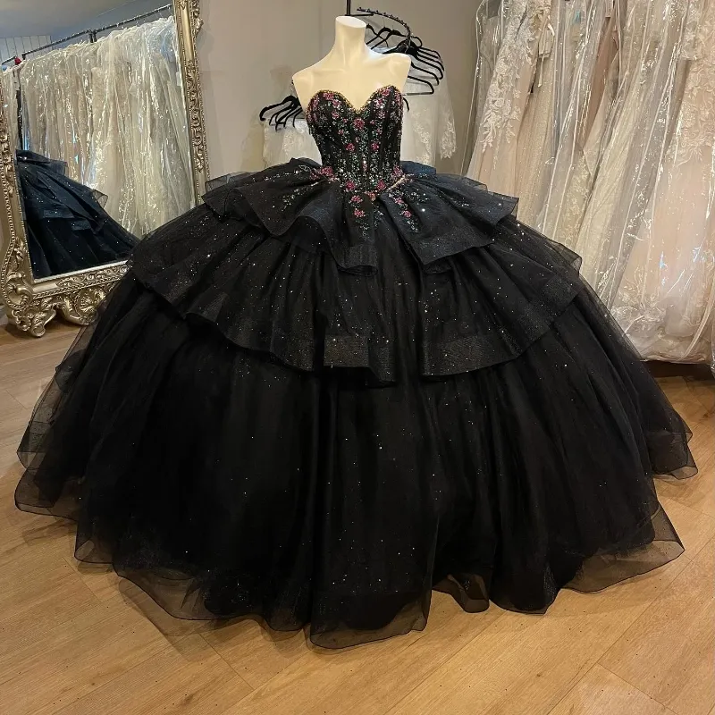 black sweet sixteen dresses Gothic Quinceanera Ball Gown 16 with Bow Sparkling within 15 days Black Sweet Sixteen Sequin Dresses
