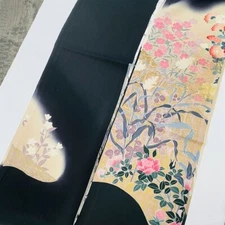 Breathtaking #Eset 7x116-3.22yd LONG Hand Painted Black Silk Kimono Fabric ToF42