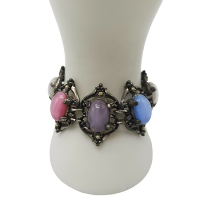 Vintage Wide Purple Red Blue Opaline Cabochon Glass Crystal Silver Tone READ ME