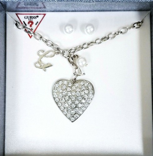 NEW GUESS SET SILVER CHAIN NECKLACE WITH PAVE HEART CHARM+WHITE PEARL EARRINGS - Picture 2 of 3