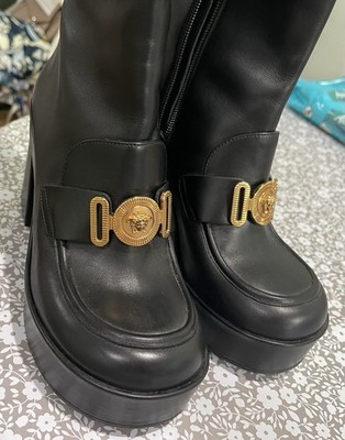 Versace Italy 39 Women Black Medusa 100% Leather Boots US8 Excellent