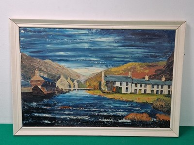 Großes Stormy Day Beddgelert Meereslandschaft Öl auf Karton Gemälde signiert Denis Derby ?