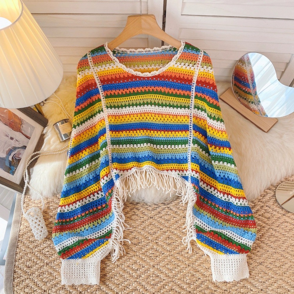 Bunt Regenbogen gestricktes loses Hemd Streifen Strand Häkel pullover Top  Dame