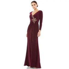 Mac Duggal Berry Embellished Long Sleeve Jersey Gown Dress Size 10 $398