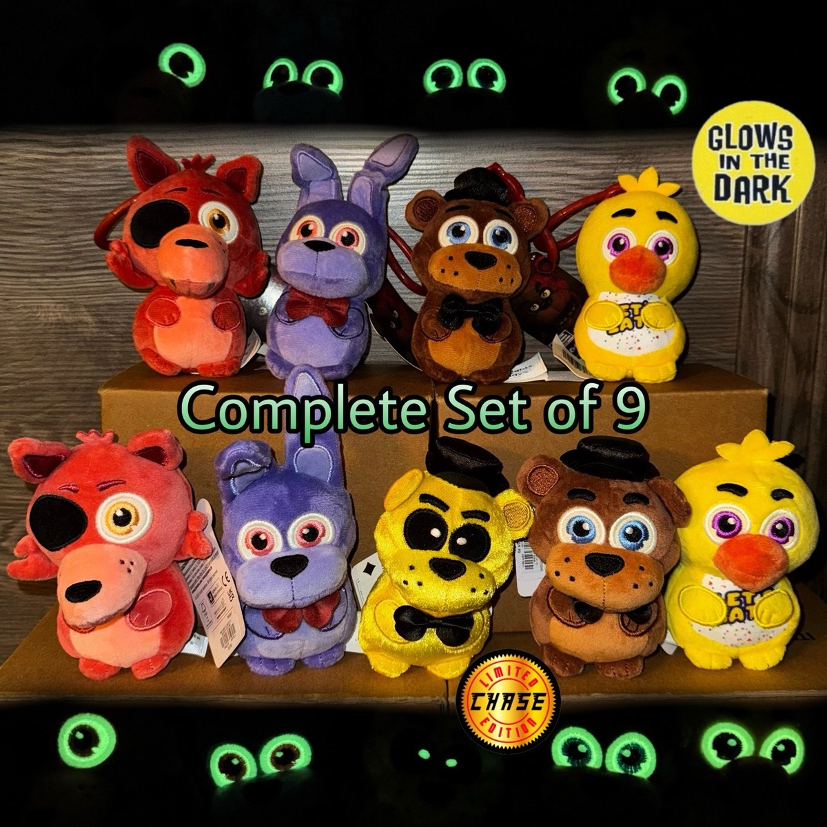 Complete Set Five Nights at Freddy's Jazwares Plush Keychains Glow
