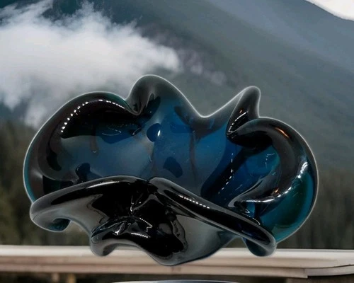 Vintage 1960's Murano Dark Blue Thick Glass Bowl