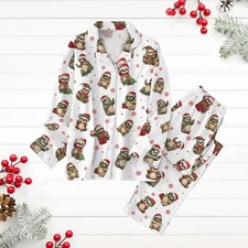 Unisex Christmas Sloth Pajama Set Long Sleeve Button Top  Pants S-5XL Sleepwear