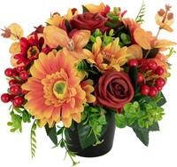 KüNstliche Blumen Im Topf Grabschmuck Deko Rot Orange FüR Friedhof