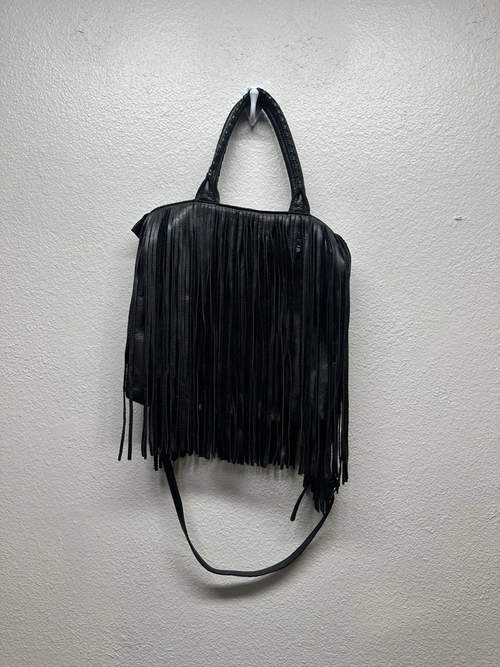 Lucky Brand Cowhide Leather Black Fringe Purse Shoulder Bag Boho Western - Image 4 of 4