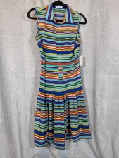 Calvin Klein Colorful Multi Stripe Dress Box Pleat Button Down Shirt Sleeveless