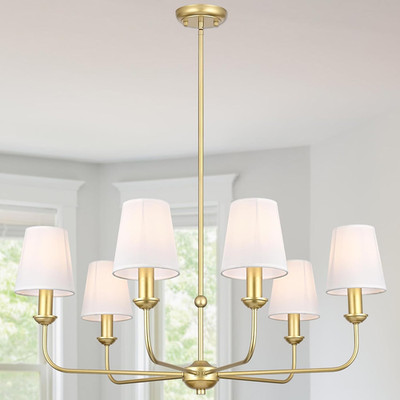 Elegant 6-Light Brushed Gold Chandelier with White Shades for Home Decor