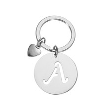 Initial Letter KeyChain, Disc Letter A-Z Heart Charm Keyring, Silver A 