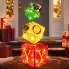 Christmas Joy Lighted Gift Boxes Decorations Set of 3, 2.8Ft Stackable Christ...