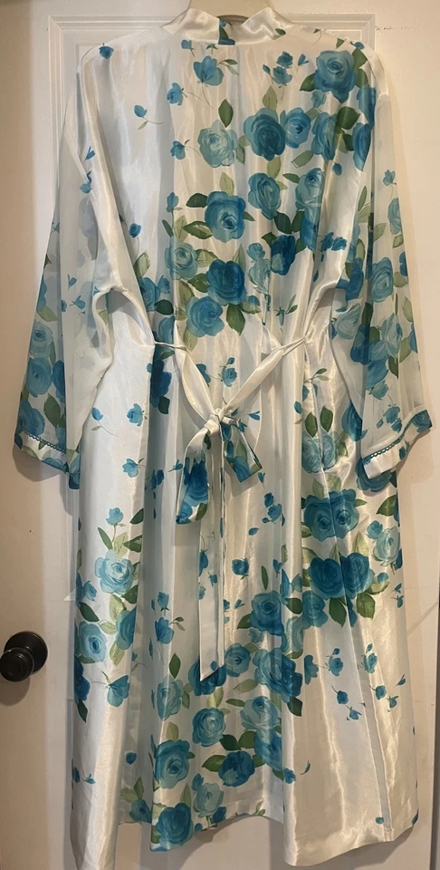 Винтажный California династии XL атласный халат белый синий розовый цветочный чистый карман - Изображение 2 из 4