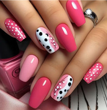 24 Pcs Press-on Nails - Medium Square Glossy - Shades of Pink w/ Polka Dots