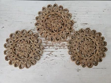 3 Pc Vintage Wicker Straw Trivet Hot Pads Woven Rattan Raffia Flower Boho Set