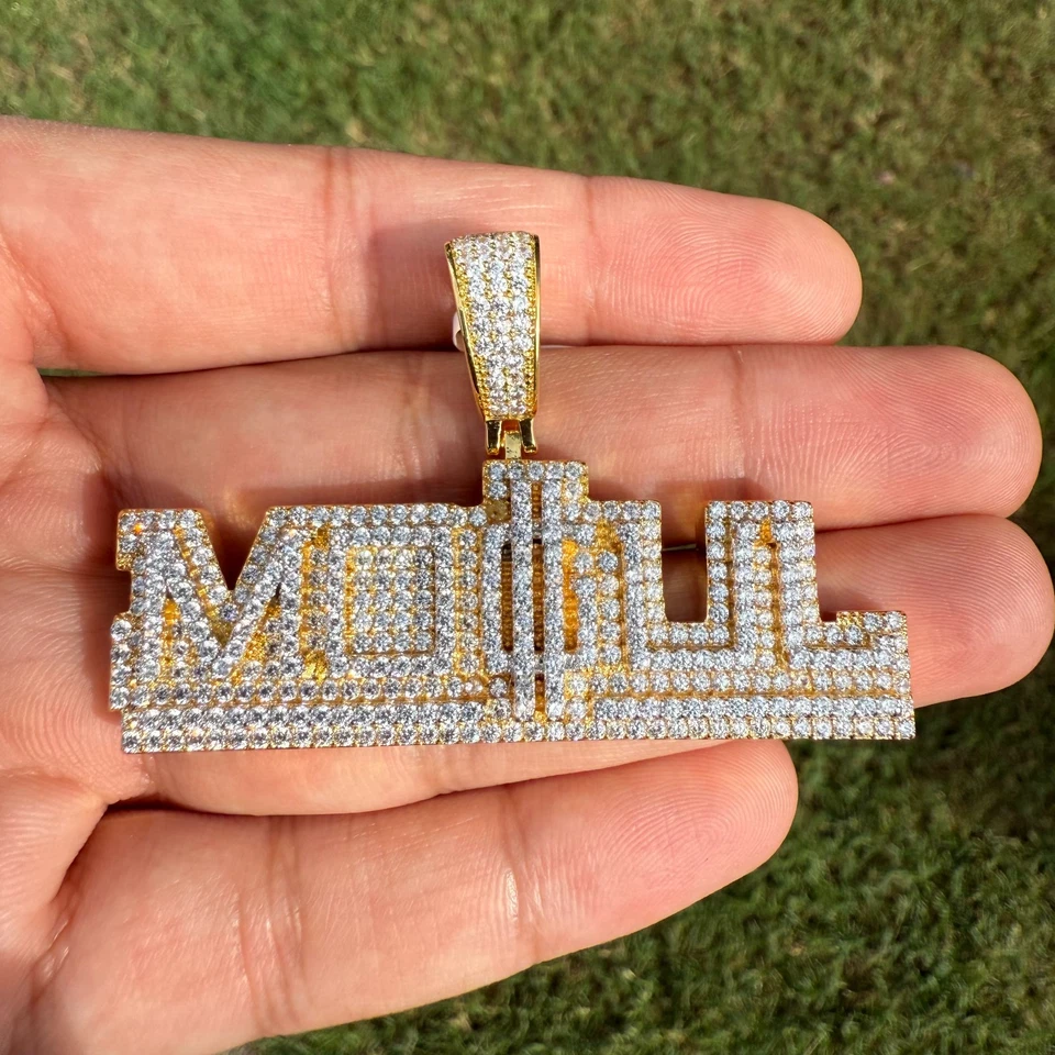 Colgante Mogul Chapado en Oro 14K Circonita cúbica Brillante Helado + Cadena Cuerda Antideslustre