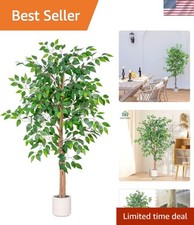 Realistic 5FT Artificial Ficus Tree in White Planter - Perfect -Round Decor