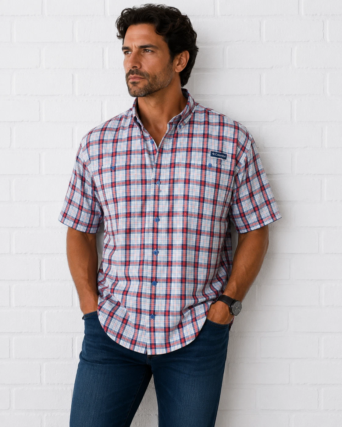 Columbia PFG Fishing Shirt Mens XXL Red Blue Plaid Vented Short Sleeve NWOT