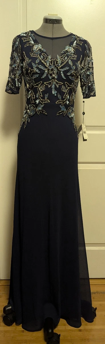 Nuevo con etiquetas Vestido Formal Adrianna Papell Malla Con Cuentas Gasa Talla 2 Azul Marino Maxi