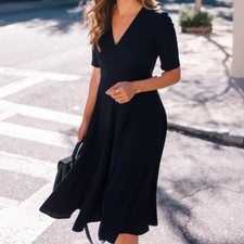 Gal Meets Glam Black Edith City Vneck Short Sleeve Pocket Fit Flare Midi Dress