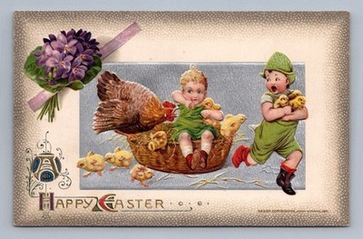 Happy Easter children chicks hen purple flowers illustration 1911