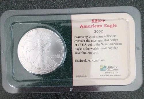 2002 U.S. American Silver Eagle Dollar $1 Uncirculated 1oz Littleton Packaging