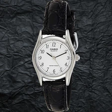 Casio LTP1094E-7B Ladies Leather Analog Watch White Silver Bezel Casual New