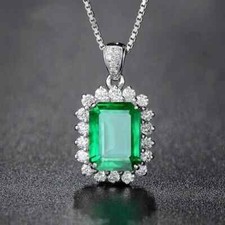4Ct Emerald Cut Lab-Created Emerald Halo Pend...