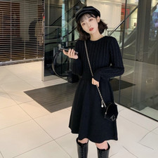 Women Knit Dress Short Twist Sweater Knitwear High Waist Frill Round Neck Casual
