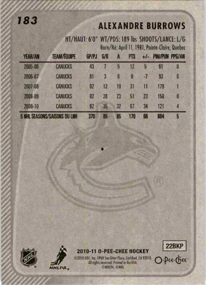 2010-11 O-Pee-Chee Alexandre Burrows #183 - Image 2 of 2