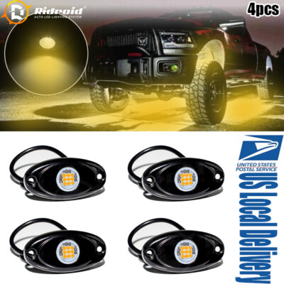 4pcs Yellow LED Rock Lights Underbody Trail Rig Glow Lamp Offroad Pickup Truck