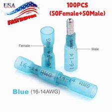 100pcs Blue Heat Shrink Bullet Wire Connectors 16-14AWG Female Male Terminals