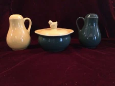 Hall China 3 pc Range Set Salt Pepper Grease Jar Green Yellow Chicken Chick Lid