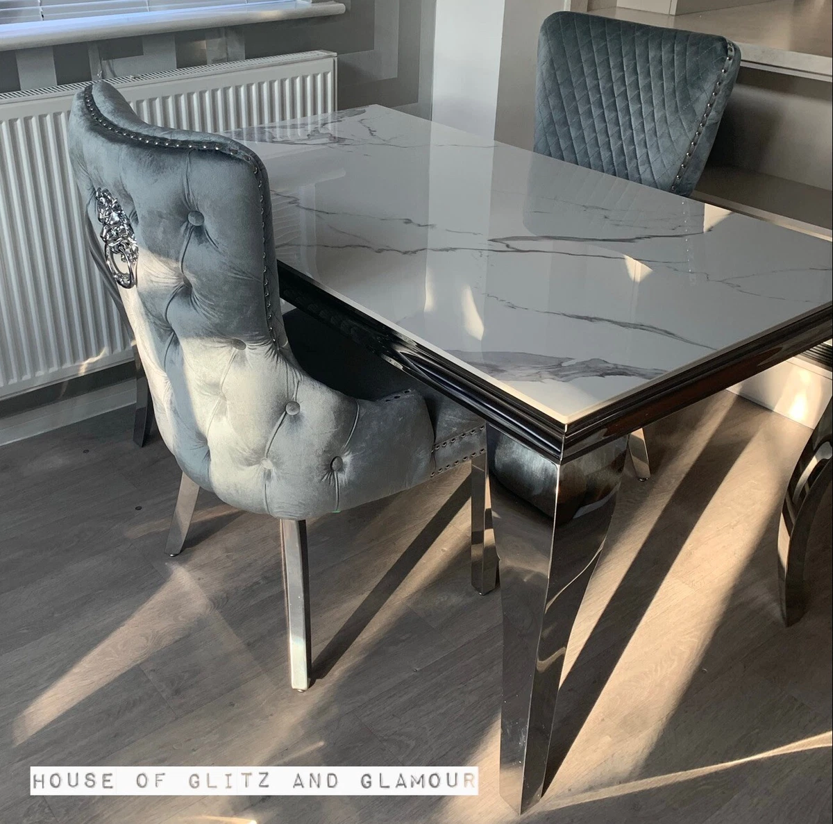Brand New 1.8 X 0.9m Louis Ice White Grey Chrome Dining Table 6 Silver Chairs