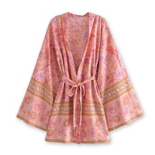 Rosy Pink Butterfly Floral Print Kimono Robe, Women's Bathrobe, Bridal Robe