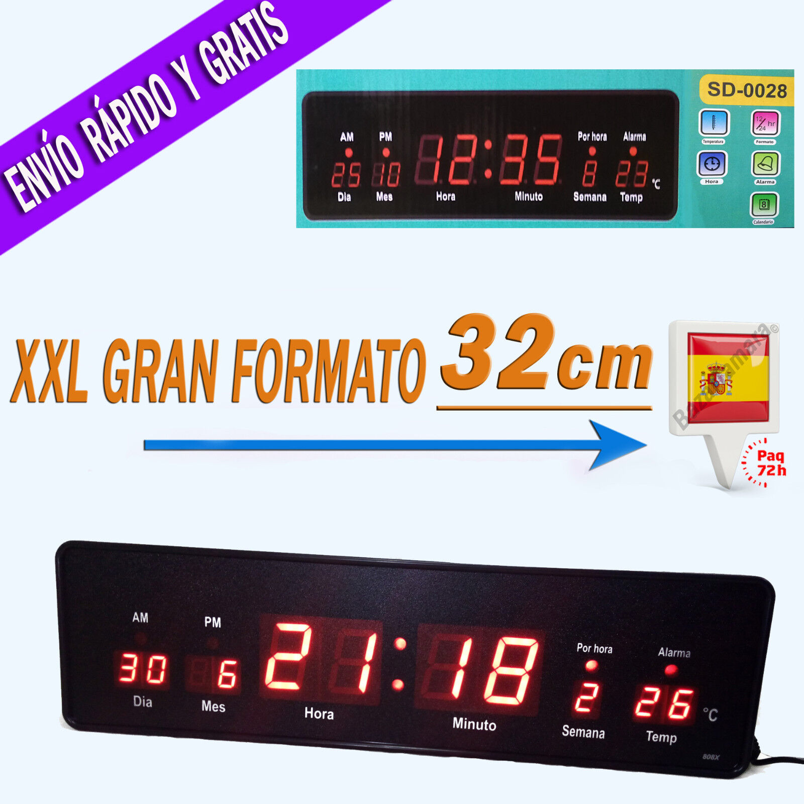 Reloj de Pared Digital Grande Oficina LED Rojo con Temperatura y Calendario...